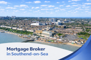 A bright summer aerial view of Southend-on-Sea showing the long pier extending into the sea, the seafront amusement park, nearby buildings and residential streets under a clear blue sky. A curved white and blue banner at the bottom displays the text “Mortgage Broker in Southend-on-Sea”.