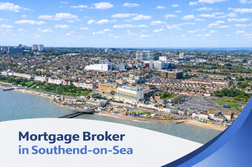 A bright summer aerial view of Southend-on-Sea showing the long pier extending into the sea, the seafront amusement park, nearby buildings and residential streets under a clear blue sky. A curved white and blue banner at the bottom displays the text “Mortgage Broker in Southend-on-Sea”.