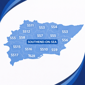 map in blue tones showing Southend-on-Sea with postcode districts only. Areas are divided by white internal borders and darker blue outer edges, each labelled in white text with postcode codes including SS1, SS3, SS4, SS5, SS6, SS7, SS8, SS9, SS10, SS11, SS12, SS15, SS16 and SS17. The words “Southend-on-Sea” appear prominently across the centre. The background features curved layered blue branding elements in the corners, with no surrounding towns or additional geographic detail shown.
