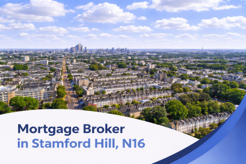 Mortgage broker in Stamford Hill, N16 promotional banner featuring a bright summer aerial view of residential streets, tree-lined roads, and the distant London skyline under realistic scattered clouds, with a curved blue and white graphic overlay at the bottom.