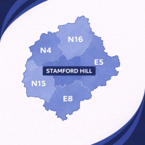 map in layered navy and light blue tones showing Stamford Hill in London with postcode areas N4, N15, N16, E5 and E8. Each postcode district is separated by white internal boundaries and outlined with a darker navy outer edge, labelled in white text. The words “Stamford Hill” appear prominently across the centre within a dark blue banner. The background features curved navy and blue branding elements in the corners, with no surrounding areas or additional geographic detail shown.