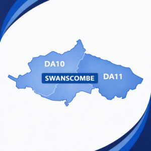 map in blue tones showing Swanscombe with postcode areas DA10 and DA11. The two postcode districts are divided by a white internal boundary and outlined with a darker blue outer edge, each labelled in white text. The word “Swanscombe” appears prominently across the centre of the map. The background features curved layered blue branding elements in the corners, with no surrounding towns or additional geographic detail shown.
