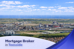 A bright aerial view of Teesside on a clear summer day, showing a mix of industrial sites, residential areas, and coastal landscape with offshore wind turbines on the horizon. The scene sits under a vivid blue sky with realistic scattered clouds, and a clean curved white and blue banner at the bottom displays the text “Mortgage Broker in Teesside” in a modern professional font.