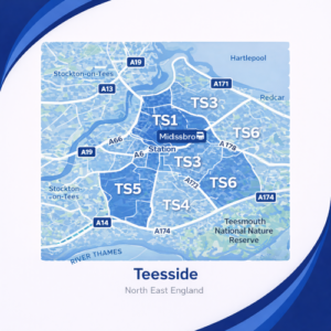 A square, blue-themed postcode map of Teesside in North East England, styled with curved branded borders. The map highlights postcode areas including TS1, TS3, TS4, TS5, and TS6. Major roads such as the A19, A66, A174, and A178 are labelled. Middlesbrough town centre and station are marked near the middle, with the River Tees running across the upper section and Teesmouth National Nature Reserve shown to the southeast. The design uses layered blue tones with white text and clean boundary lines for clarity.