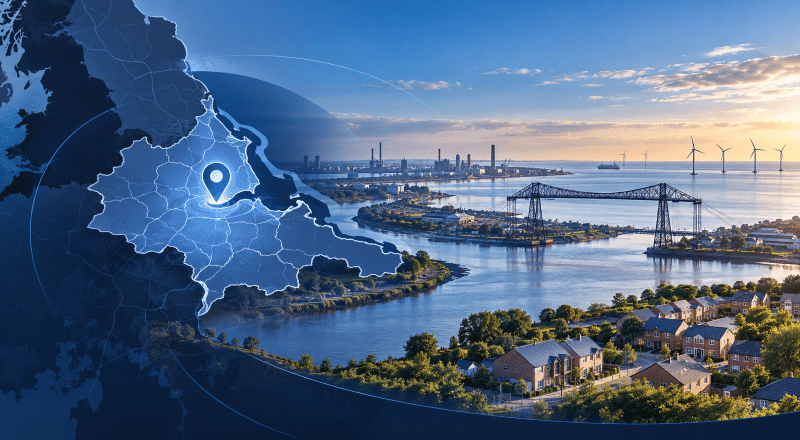 Mortgage Broker in Teesside location map with River Tees, Transporter Bridge, homes and coastal industry.