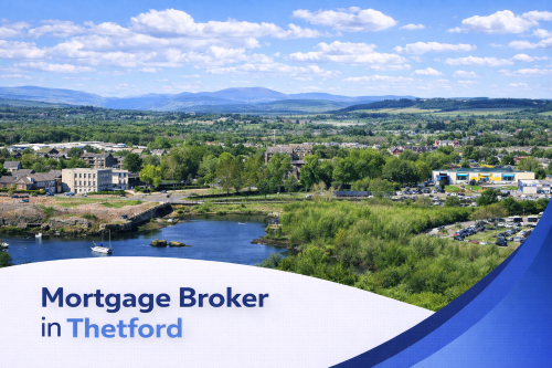 Mortgage broker in Thetford promotional banner featuring a bright summer aerial view of riverside scenery, green landscapes, and surrounding buildings under a clear blue sky with realistic scattered clouds, finished with a clean curved blue and white graphic overlay at the bottom.