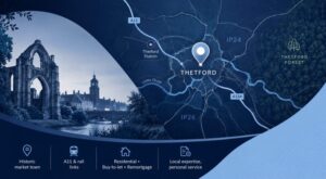 Mortgage Broker in Thetford hero image featuring a branded local map, Thetford location pin, Thetford Priory, Little Ouse, Thetford Forest, A11 and rail connections.
