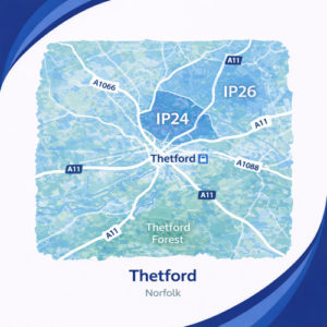 A square, blue-themed postcode map of Thetford in Norfolk, styled with curved branded borders. The map highlights postcode areas IP24 and IP26. Major roads such as the A11, A1066, and A1088 are labelled. Thetford town centre and station are marked near the middle, with Thetford Forest shown in green to the south. The design uses layered blue tones with white text and clean boundary lines for clarity.