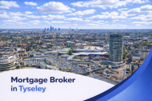 Mortgage broker in Tyseley promotional banner featuring a bright summer aerial cityscape with modern buildings, transport links, and clear blue skies with realistic scattered clouds, finished with a clean curved blue and white graphic overlay at the bottom.