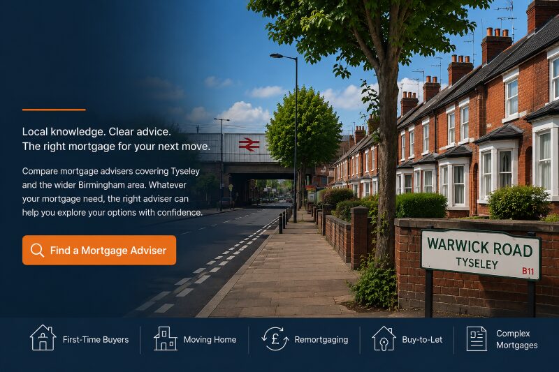 Mortgage broker in Tyseley banner showing a residential Birmingham street, local mortgage advice text and adviser search icons.