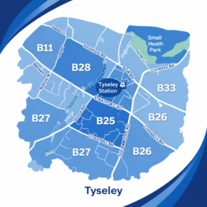 A digital, blue-themed postcode map of Tyseley in Birmingham, styled with curved branded borders. The map highlights surrounding postcode areas including B11, B28, B25, B26, B27, and B33. Major roads such as Stratford Road, Coventry Road, and Stockfield Road are labelled, along with Tyseley Station at the centre. Small Heath Park is shown in green in the upper right. The design uses layered blue tones with white text and clean boundary lines for clarity.