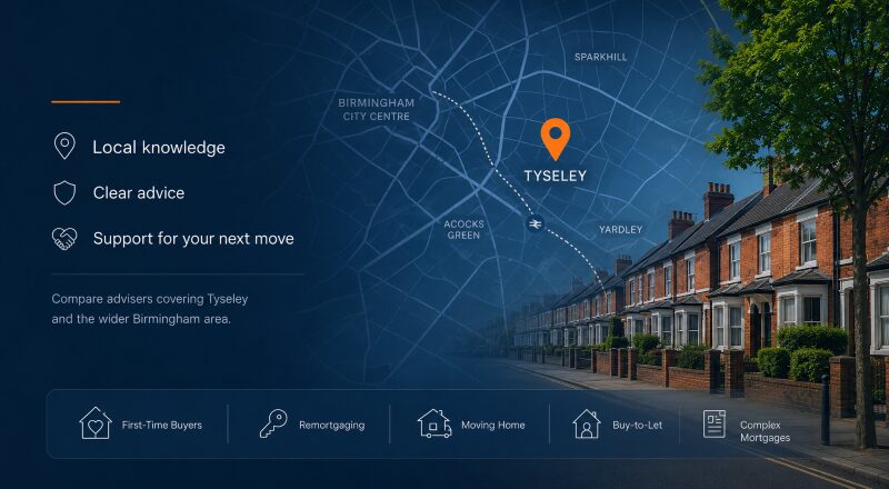 Mortgage Broker in Tyseley hero image featuring a local Birmingham map with Tyseley location pin, residential streets and mortgage advice icons for homebuyers and property owners.