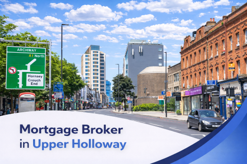Mortgage broker in Upper Holloway banner showing a sunny high street scene with red brick buildings, local shops, and light traffic, set under a bright blue sky with realistic scattered clouds and a curved blue and white graphic overlay at the bottom.