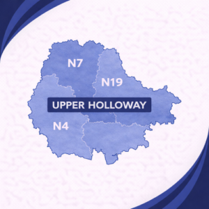map in layered navy and light blue tones showing Upper Holloway in London with postcode areas N7, N19 and N4. Each postcode district is separated by white internal boundaries and outlined with a darker navy outer edge, labelled in white text. The words “Upper Holloway” appear prominently across the centre within a dark blue banner. The background features curved navy and blue branding elements in the corners, with no surrounding areas or additional geographic detail shown.