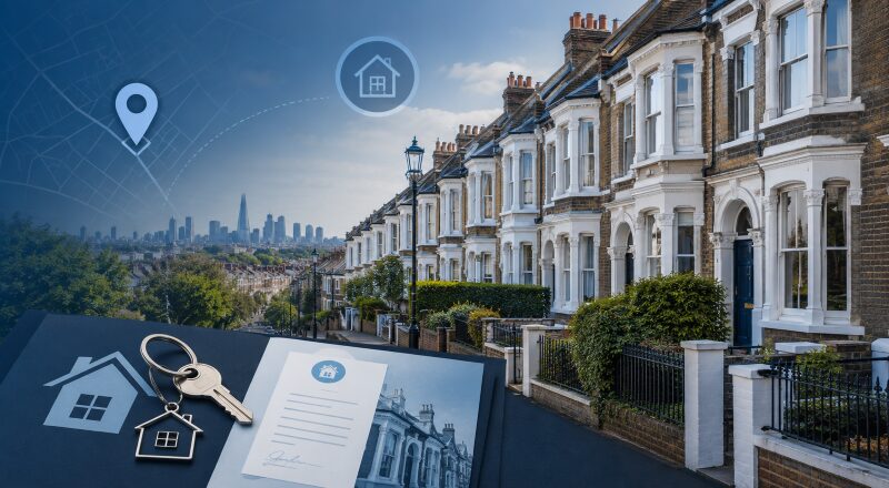 Mortgage Broker in Upper Holloway with Victorian terraced homes, property keys and location icons.