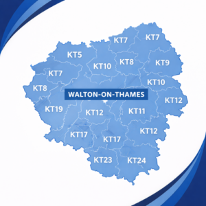 map in blue tones showing Walton-on-Thames with its postcode area KT12 highlighted and labelled. The word “Walton-on-Thames” appears prominently across the centre of the map. Surrounding KT postcode districts are shown in lighter blue with white internal borders and darker blue outer borders. The background features curved layered blue branding elements in the corners, with no wider regional map details included.