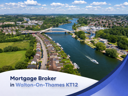 Bright aerial view of Walton-on-Thames on a sunny summer day, featuring a winding river with boats, a modern arched bridge, and rows of riverside homes surrounded by greenery, beneath a blue sky with soft, natural-looking clouds, with a clean curved banner at the bottom displaying the text “Mortgage Broker in Walton-On-Thames KT12”.