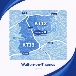 Mortgage Broker in Walton-On-Thames KT12 A square, blue-themed postcode map of Walton-on-Thames in Surrey, styled with curved branded borders. The map highlights postcode areas KT12 and KT13. Major roads such as the A244, A3050, A317, and A139 are labelled. Walton town centre and Walton Station are marked near the middle, with the River Thames running across the map. The design uses layered blue tones with white text and clean boundary lines for clarity.