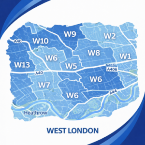 A square, blue-themed postcode map of West London, styled with curved branded borders. The map highlights postcode areas including W1, W2, W5, W6, W7, W8, W9, W10, and W13. Major roads such as the A40, A4, and A406 are labelled. The River Thames runs along the lower section in light blue, with Heathrow marked to the southwest. The design uses layered blue tones with white text and clean boundary lines for clarity.