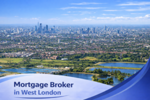 Bright summer aerial view of West London showing residential neighbourhoods, green parkland and reservoirs in the foreground with the London skyline in the distance under a clear blue sky, featuring a white and blue curved banner displaying the text “Mortgage Broker in West London”.