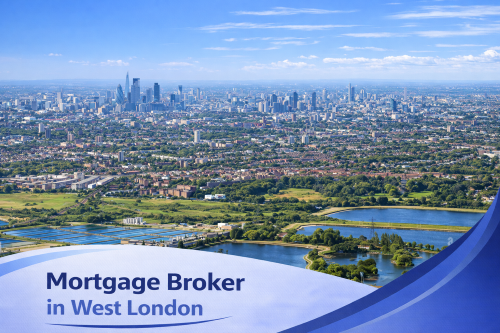 Bright summer aerial view of West London showing residential neighbourhoods, green parkland and reservoirs in the foreground with the London skyline in the distance under a clear blue sky, featuring a white and blue curved banner displaying the text “Mortgage Broker in West London”.