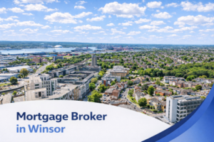 A bright summer aerial view of Windsor in Southampton showing modern apartment buildings, residential streets and tree-lined neighbourhoods leading towards the Southampton waterfront and port. The sky is blue with natural scattered clouds, and a curved white and blue banner at the bottom displays the text “Mortgage Broker in Windsor”.