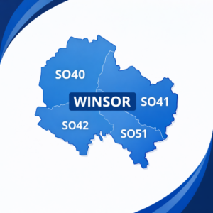 map in blue tones showing Windsor in the Southampton area with postcode districts SO40, SO41, SO42 and SO51. Each postcode area is divided by white internal boundaries and outlined with a darker blue outer edge, labelled in white text. The word “Windsor” appears prominently across the centre of the map. The background features curved layered blue branding elements in the corners, with no surrounding towns or additional geographic detail shown.