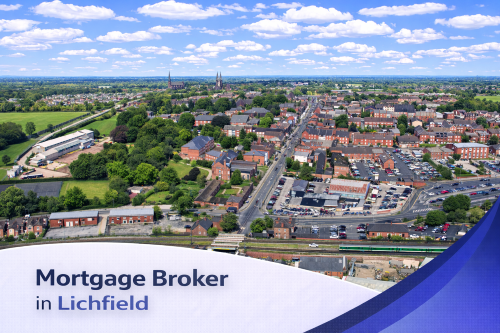 Bright aerial view of Lichfield on a clear summer’s day, showing residential streets, green spaces, and local buildings around a railway line, under a blue sky with soft, realistic clouds, with a clean curved banner at the bottom displaying the text “Mortgage Broker in Lichfield”.