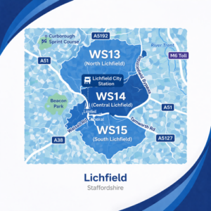 A square, blue-themed postcode map of Lichfield in Staffordshire, styled with curved branded borders. The map highlights postcode areas WS13, WS14, and WS15. Major roads such as the A51, A38, A5127, and A5192 are labelled. Lichfield city centre and Lichfield City Station are marked near the middle, with Beacon Park shown in green to the west and the River Trent to the northeast. The design uses layered blue tones with white text and clean boundary lines for clarity.