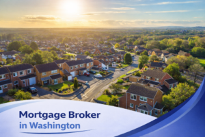 Bright summer aerial view of Washington showing rows of residential houses, tree lined streets and surrounding countryside under a clear blue sky, with a white and blue curved banner at the bottom displaying the text “Mortgage Broker in Washington”.