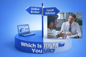 3D comparison graphic showing “Online Broker” versus “Local Adviser”, with a laptop on one side and a real-life adviser meeting a client on the other, alongside the text “Which Is Right for You UK?”.