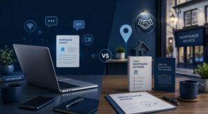 Online Mortgage Brokers vs Local Advisers shown through a digital mortgage workspace and a local high-street advice setting.