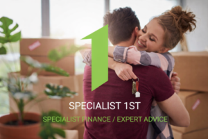 Couple embracing in a new home while holding house keys, representing Specialist 1st mortgage and finance advice. Specialist 1st Limited Experts