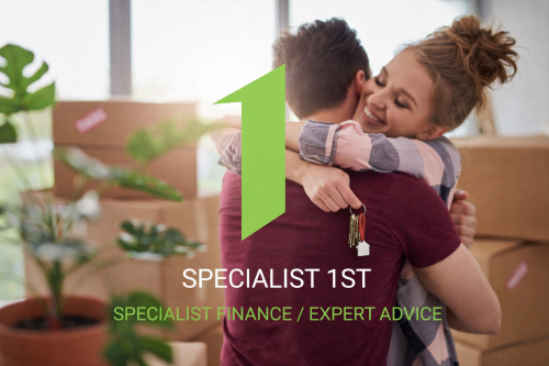 Couple embracing in a new home while holding house keys, representing Specialist 1st mortgage and finance advice. Specialist 1st Limited Experts