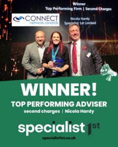 Nicola Hardy receiving Top Performing Adviser award for second charges at the Connect Network Awards representing Specialist 1st Limited. Specialist 1st Limited Experts