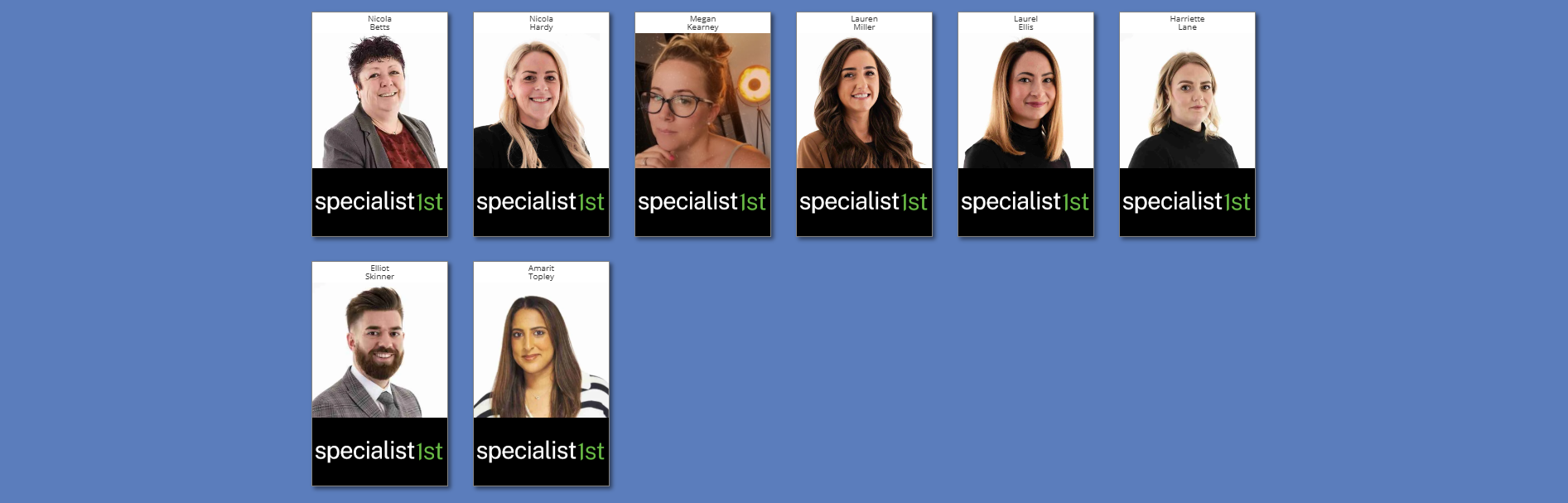 Specialist 1st Limited experts mortgage advisers including Nicola Betts, Nicola Hardy, Megan Kearney, Lauren Miller, Laurel Ellis, Harriette Lane, Elliot Skinner, and Amarit Topley. 