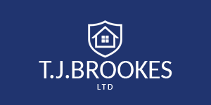 T.J. Brookes Ltd logo featuring a white shield with a house icon above the company name on a blue background.