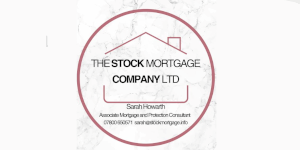 Circular logo on a light marble background with a pink outline and house roof graphic, featuring the text “The Stock Mortgage Company Ltd” and a nameplate for Sarah Howarth, Associate Mortgage and Protection Consultant.