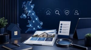 Top Mortgage Brokers in the UK directory search with a UK map, location pins, house, checklist and magnifying glass.