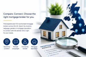 Top Mortgage Brokers in the UK hero image showing a model home, UK map pins, mortgage advice documents and adviser search icons.
