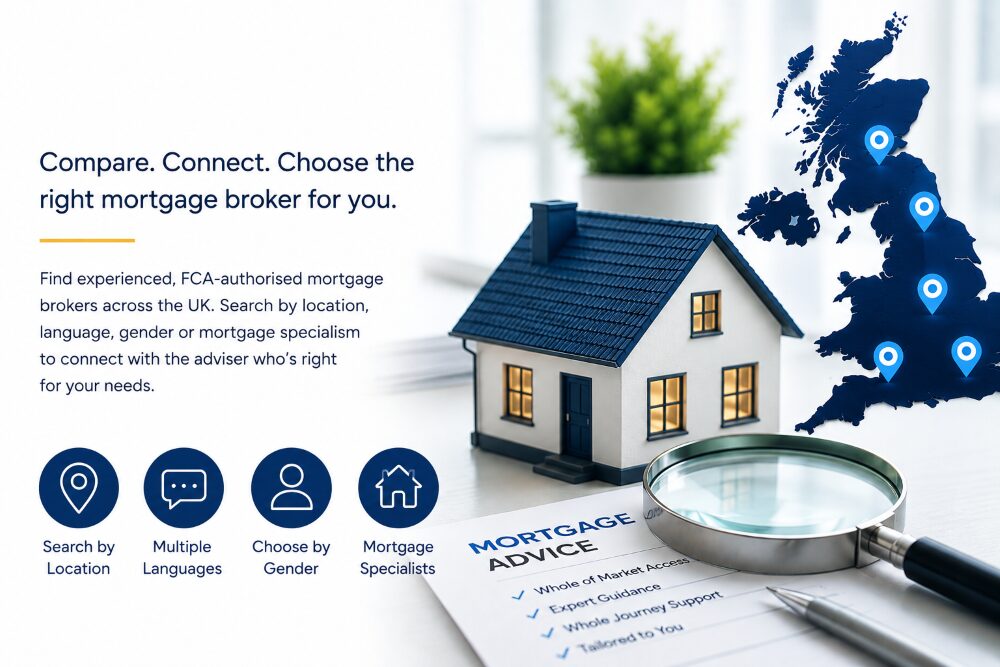 Top Mortgage Brokers in the UK hero image showing a model home, UK map pins, mortgage advice documents and adviser search icons.