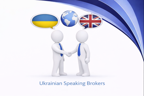 Ukrainian speaking brokers illustration showing two figures shaking hands, with Ukrainian and UK flags in speech bubbles above and a globe between them on a clean white and blue background