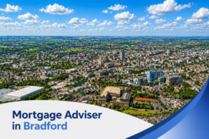 Bright summer aerial view of Bradford city centre and surrounding suburbs, featuring dense urban buildings, green spaces, and distant countryside under a vivid blue sky with natural scattered clouds, overlaid with a clean curved white and blue banner displaying “Mortgage Adviser in Bradford.”