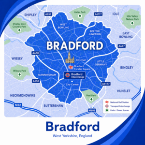 A square, blue-themed postcode map of Bradford in West Yorkshire, styled with curved branded borders. The map highlights the wider Bradford area with surrounding districts such as Manningham, Little Germany, Bolton Junction, and West Bowling. Major roads including the A650, A658, A647, A6177, and M606 are labelled. Bradford city centre is marked near the middle, with Bradford Interchange and Forster Square stations indicated. Green spaces such as Lister Park, Peel Park, and Shipley Glen Country Park are shown in green. The design uses layered blue tones with white text and clean boundary lines for clarity.
