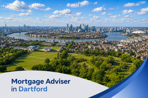 Bright summer aerial view of Dartford featuring green parkland, riverside curves, and surrounding residential and urban areas under a vivid blue sky with realistic scattered clouds, finished with a clean curved white and blue banner displaying the text “Mortgage Adviser in Dartford”.