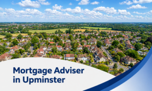Mortgage Adviser in Upminster banner showing a bright summer aerial view of a leafy suburban neighbourhood with detached homes, surrounding fields, and realistic fluffy clouds, framed by a white curved text panel and blue wave graphics.