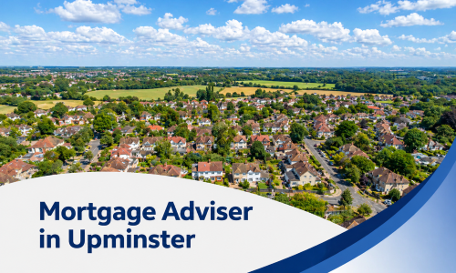 Mortgage Adviser in Upminster banner showing a bright summer aerial view of a leafy suburban neighbourhood with detached homes, surrounding fields, and realistic fluffy clouds, framed by a white curved text panel and blue wave graphics.