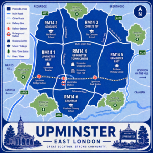 A square, blue-themed postcode map of Upminster in East London, styled with curved branded borders. The map highlights postcode area RM14, including subdivisions such as RM14 1, RM14 2, RM14 3, RM14 4, RM14 5, and RM14 6. Major roads such as the A127, A124, A406, and local routes like Station Road, Corbets Tey Road, and Front Lane are labelled. Upminster town centre (RM14 4) is marked near the middle, with Upminster Station, Upminster Bridge Station, and Upminster Park Station indicated. Key landmarks such as Upminster Town Hall, Upminster Shopping Centre, and local schools are shown. Nearby areas including Cranham, Hornchurch, Brentwood, and Corbets Tey are labelled. Green spaces such as Upminster Park, Harrow Lodge Park, Havering Country Park, and Upminster Golf Club are shown in green, with the River Ingrebourne running along the southern edge. The design uses layered blue tones with white text and clean boundary lines for clarity.