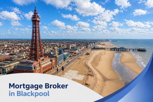 A bright, high-resolution aerial view of Blackpool’s coastline on a clear summer’s day, featuring the iconic Blackpool Tower, sandy beach, and pier stretching into the sea. The scene is lit by warm sunlight under a vivid blue sky with realistic scattered clouds. A clean, curved white and blue graphic overlay appears at the bottom, displaying the text “Mortgage Broker in Blackpool” in a bold, modern font, creating a professional and visually appealing promotional design.
