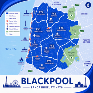 A square, blue-themed postcode map of Blackpool in Lancashire, styled with curved branded borders. The map highlights postcode areas FY1, FY2, FY3, FY4, FY5, and FY6. Major roads such as the A583, A587, A586, and A5099 are labelled. Blackpool town centre (FY1) is marked near the middle, with Blackpool North and Blackpool South stations indicated. Coastal landmarks including North Pier, Central Pier, South Pier, Blackpool Tower, and the promenade are shown along the Irish Sea. Nearby areas such as Bispham, Marton, and South Shore are labelled. Green spaces including Stanley Park, Blackpool Zoo, and Marton Mere Nature Reserve are shown in green. The design uses layered blue tones with white text and clean boundary lines for clarity.